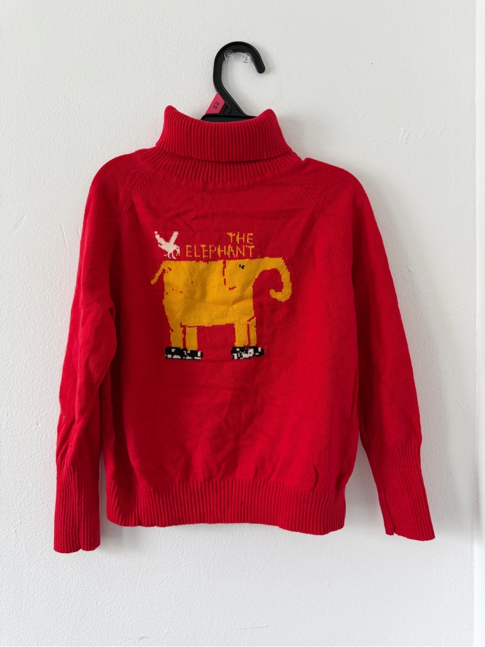 Red Turtleneck Sweater with Yellow Elephant Graphic